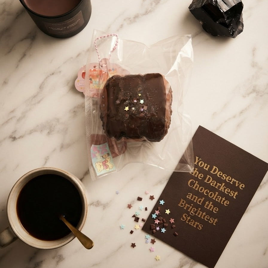 A styled flat-lay featuring a chocolate-covered marshmallow in a clear plastic bag, surrounded by a black candle, a cup of black coffee, a dark crystal, and a brown card that reads 'You Deserve the Darkest Chocolate and the Brightest Stars' on a white marble surface.