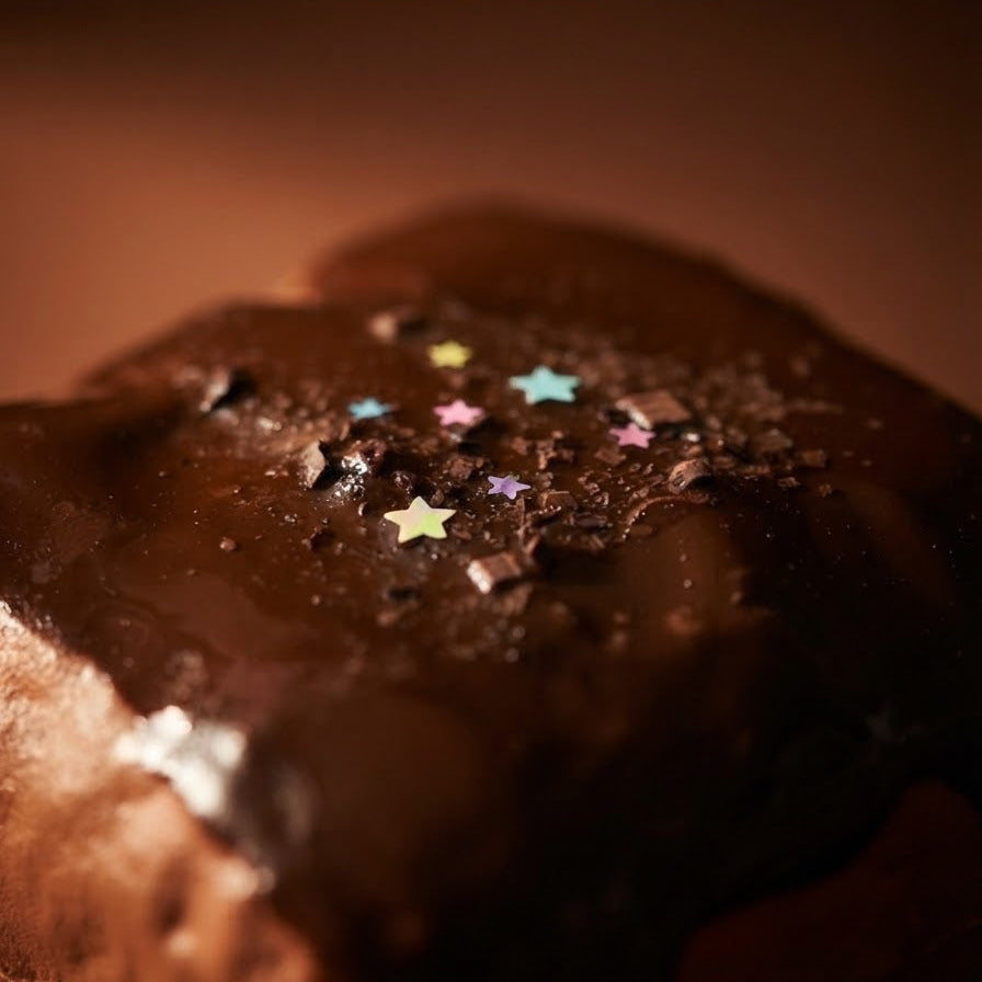 A close-up of a chocolate-covered dessert or cake piece topped with small colorful star sprinkles, photographed in warm low light against a dark brown background.