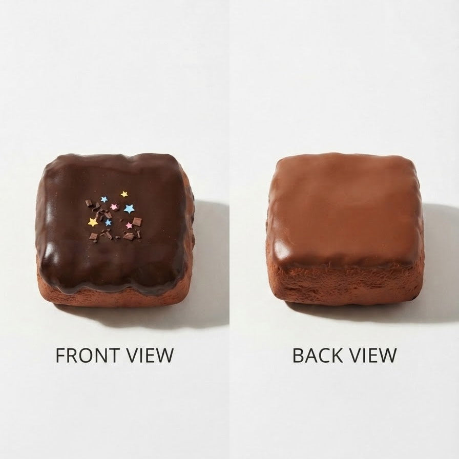 Two square chocolate-covered treats shown on a light gray background, labeled FRONT VIEW and BACK VIEW. The left treat has dark chocolate glaze with small multicolored star sprinkles, and the right treat has smooth medium-brown chocolate glaze.