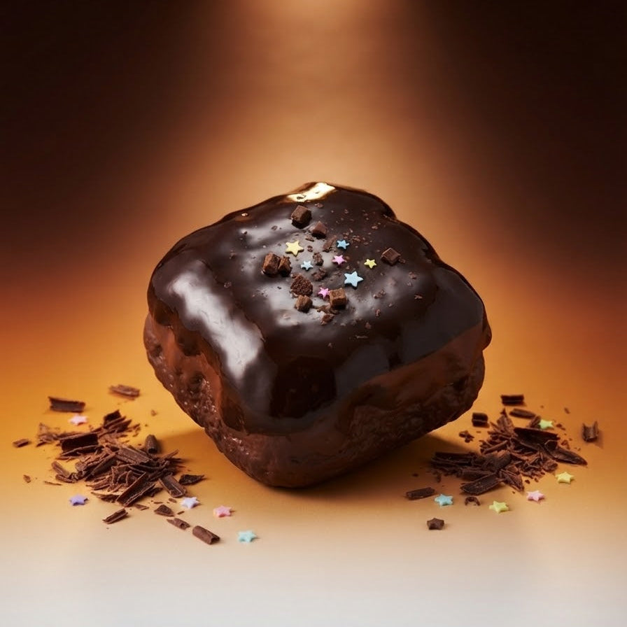 A chocolate-covered pastry or bread piece with glossy dark chocolate glaze and small multicolored star sprinkles, styled on a warm gradient surface with scattered chocolate shavings.