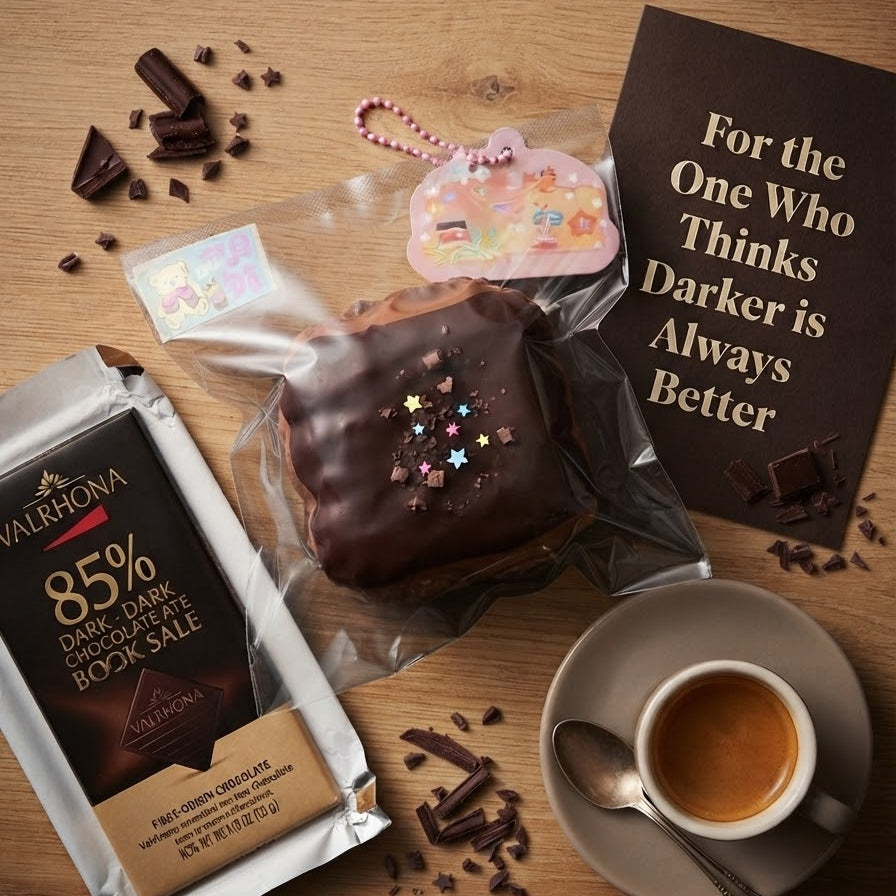 A chocolate-covered square dessert or pastry in a clear bag sits on a wooden table with a cup of coffee, scattered chocolate pieces, a Valrhona 85% dark chocolate bar package, and a quote card that reads, 'For the One Who Thinks Darker is Always Better.'.
