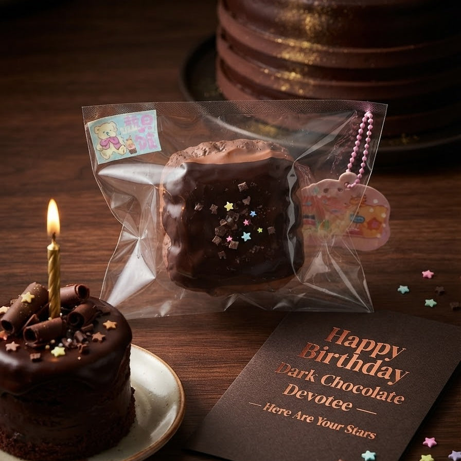 A packaged dark chocolate birthday cake topper or cake decoration sits on a wooden table beside a small lit candle cake and a printed card that reads 'Happy Birthday Dark Chocolate Devotee.'.