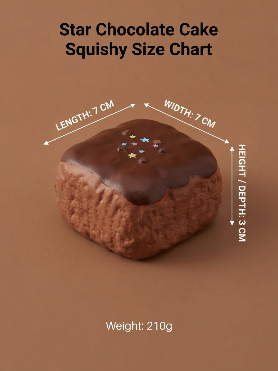 A chocolate cake-shaped squishy toy shown on a brown background with overlaid size measurements: length 7 cm, width 7 cm, and height 3 cm, plus the text 'Star Chocolate Cake Squishy Size Chart' and 'Weight: 210g'.