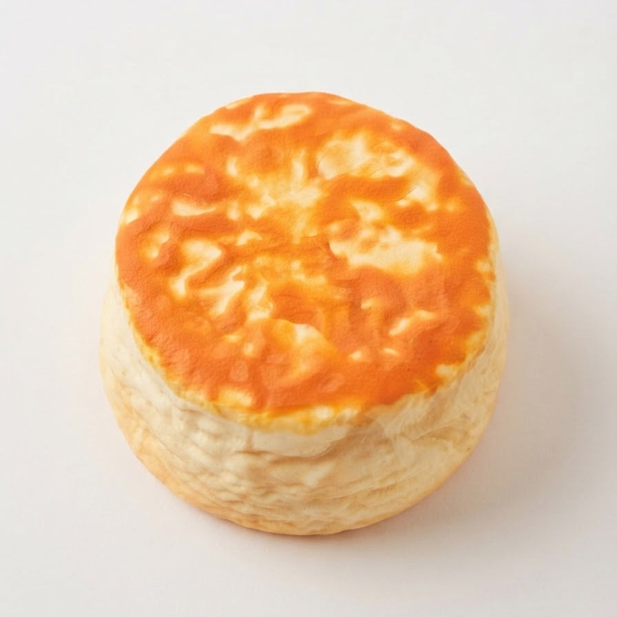 A single round baked good, resembling a biscuit or small pastry, photographed from above on a plain white background.