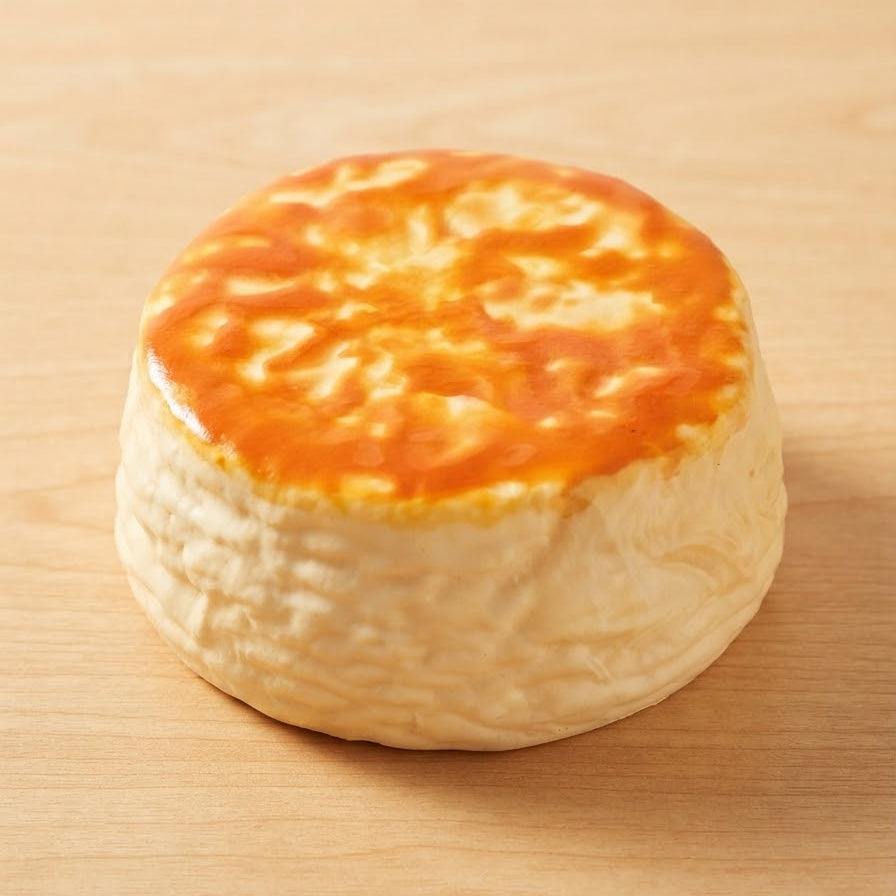 A realistic miniature toy model of a baked cheese pie, featuring a golden-brown crust and a textured pale cream body, set on a light wood grain surface.