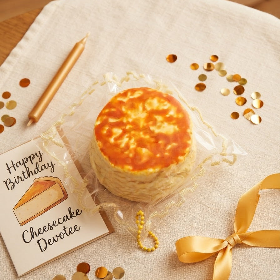 A packaged cheesecake-themed birthday decoration set on a beige fabric surface, including a round cake-shaped ornament, a gold candle, a 'Happy Birthday Cheesecake Devotee' card, gold confetti, and a gold ribbon.