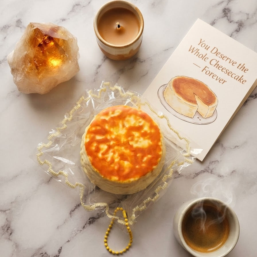 A round cheesecake-shaped keychain or charm wrapped in clear plastic, placed on a marble surface with a candle, a crystal, a cup of coffee, and a card that reads 'You Deserve the Whole Cheesecake — Forever'.