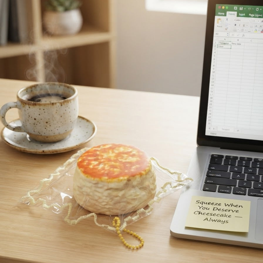 A round novelty cheesecake toy with a golden-brown crust sits on a wooden desk next to a cup of coffee, a laptop, and a sticky note.