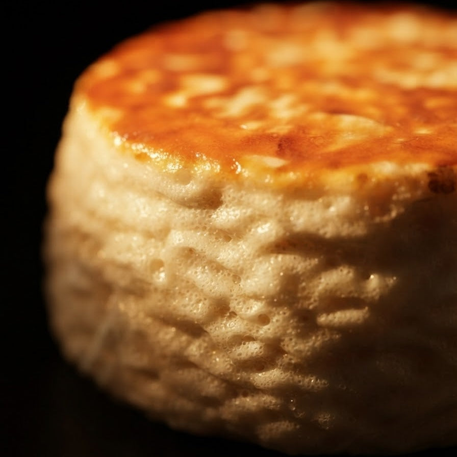 A close-up shot of a round, golden-brown baked good, possibly a biscuit, scone, or small cake, with a textured surface, set against a solid black background.