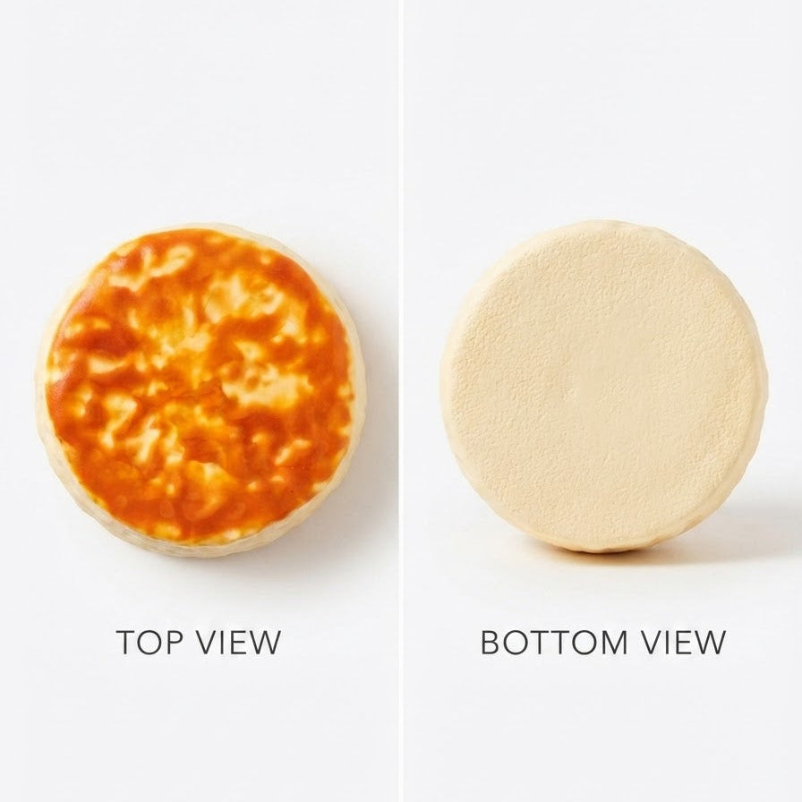 A split-screen product view of a round cosmetic or makeup item, showing the top view with an orange textured surface on the left and the bottom view with a smooth beige surface on the right, labeled 'TOP VIEW' and 'BOTTOM VIEW' on a white background.