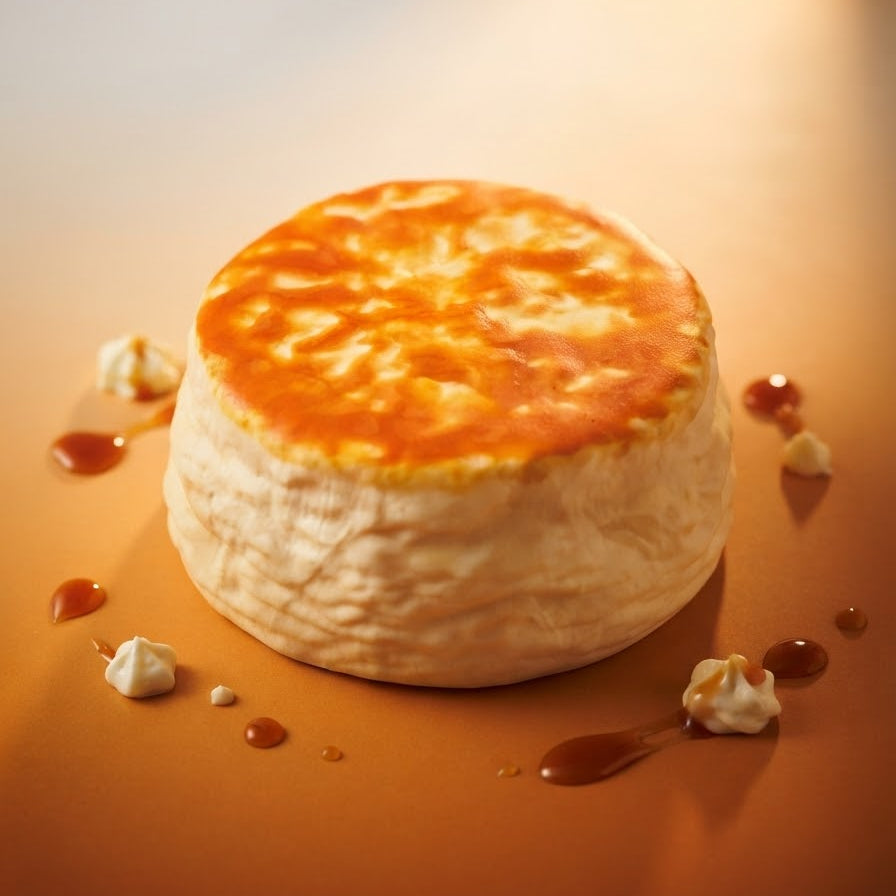 A round baked dessert or pastry with a golden-brown caramelized top, presented on a warm orange-brown surface with small drizzles of sauce and cream dollops around it.