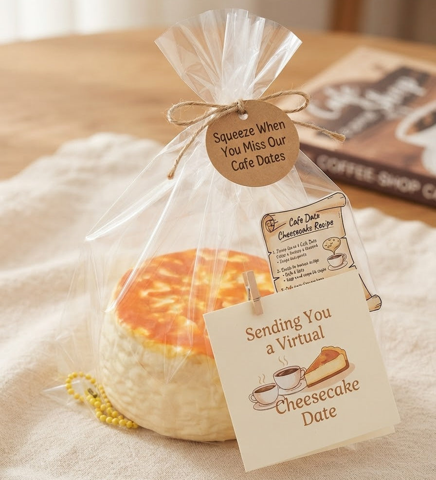 A novelty cheesecake-shaped gift package wrapped in clear cellophane, tied with twine, and decorated with printed tags. The package sits on a textured cream fabric on a wooden table, with a blurred book in the background.