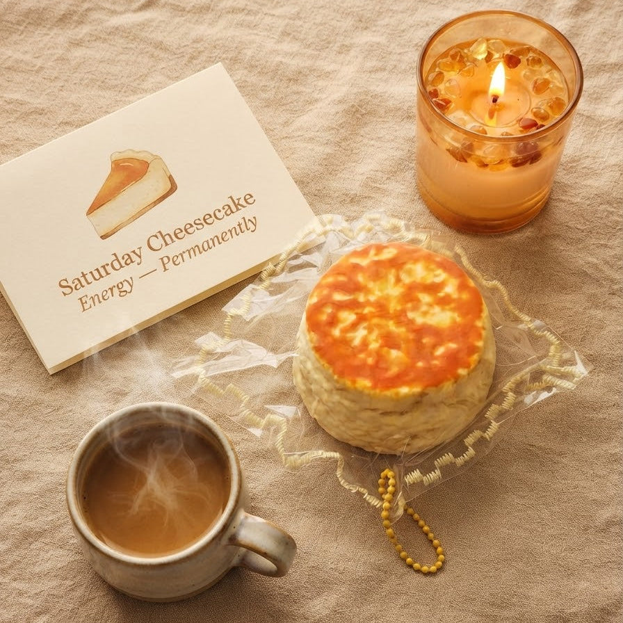 A small round cheesecake-shaped keychain or charm wrapped in clear plastic, placed on a beige fabric surface with a coffee cup, a lit candle, and a printed card reading 'Saturday Cheesecake Energy — Permanently'.