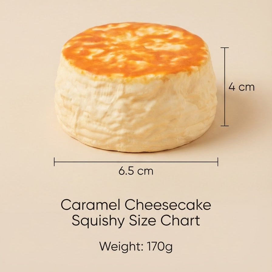 A caramel cheesecake-shaped squishy toy shown on a warm beige background with printed size and weight information below. The product is round with a pale cream exterior and a golden caramel-colored top, with dimension markers indicating 6.