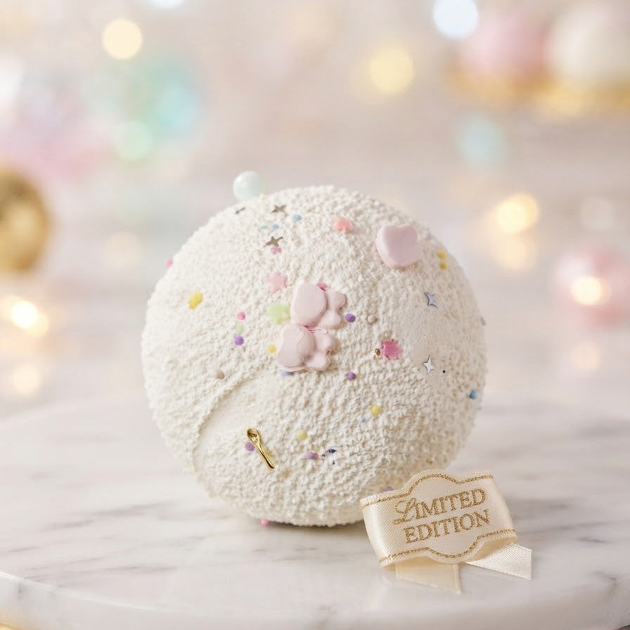 A round, textured white decorative ornament or plush-like item with pastel sprinkles, a small pink bow, and a gold key charm, displayed on a white marble pedestal with a ribbon tag reading 'LIMITED EDITION.' The background is softly blurred with warm bokeh lights.