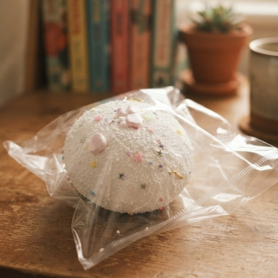 A round white bath bomb or scrub ball with pastel pink and multicolor sprinkles, wrapped in a clear plastic bag on a wooden table with a blurred background of books and a small plant.