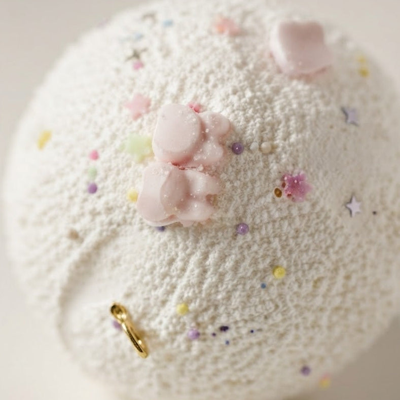 A close-up of a textured white spherical product, likely a bath bomb or decorative bath accessory, decorated with pastel pink molded details, tiny multicolor glitter, and a small gold ring accent on a soft beige background.