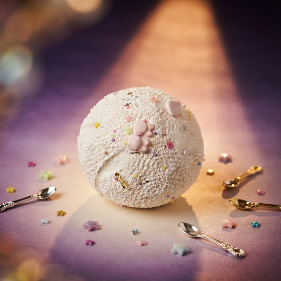 A spherical bath bomb with a textured white surface, decorated with pastel pink bunny ears and colorful sprinkles, displayed on a purple surface with miniature gold spoons and star confetti.