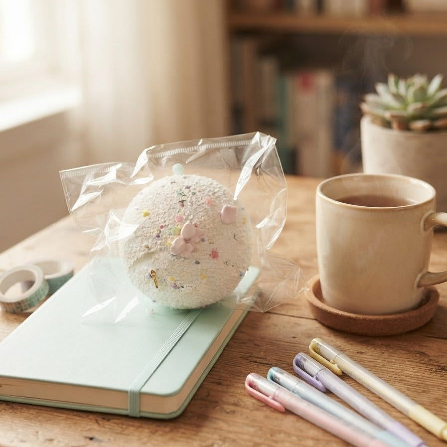 A round white textured squishy toy with pastel pink, blue, and yellow speckles, sealed in a clear plastic bag and placed on a mint green notebook on a wooden desk. A beige ceramic mug, decorative pens, and a bookshelf are visible in the softly blurred background.