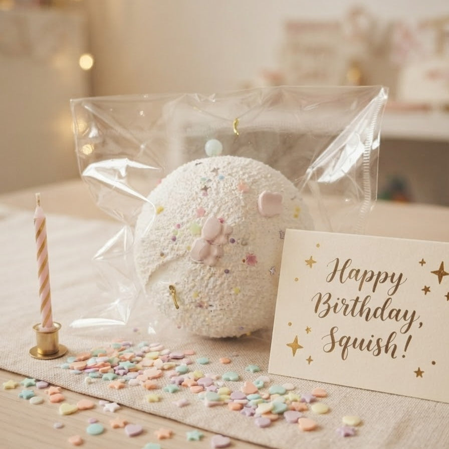 A round white squishy toy with pastel confetti and a small pink bow, wrapped in a clear plastic bag on a tabletop. A pastel candle, candy confetti, and a card reading 'Happy Birthday, Squish!' are arranged around it in a softly lit indoor setting.