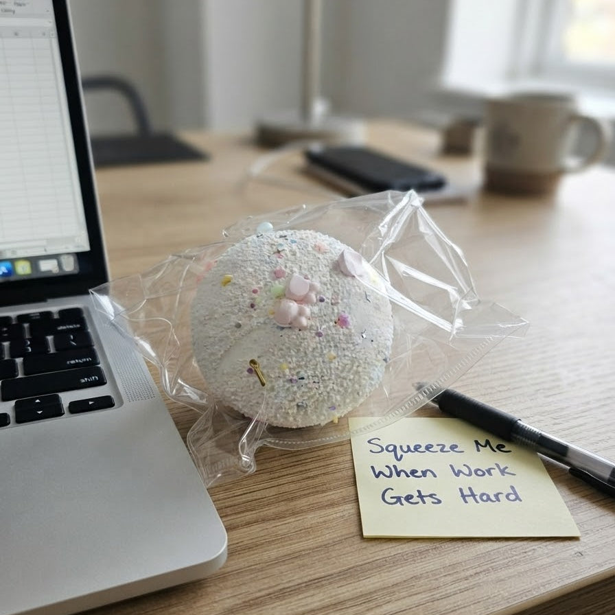 A round white textured stress ball with pink and pastel details, wrapped in clear plastic on a wooden desk next to a laptop, a sticky note that reads 'Squeeze Me When Work Gets Hard', and a pen.