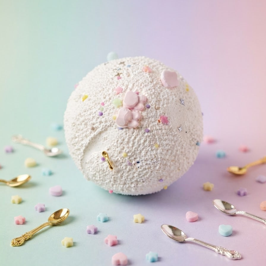 A round, textured white bath bomb or decorative bath product sits on a pastel gradient background, surrounded by miniature gold spoons and pastel candy-like sprinkles.