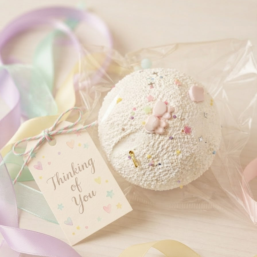 A round, textured white gift box or decorative item wrapped in clear cellophane, decorated with pastel pink and multicolor glitter, tied to a small card that reads 'Thinking of You' with pastel ribbons on a light beige background.