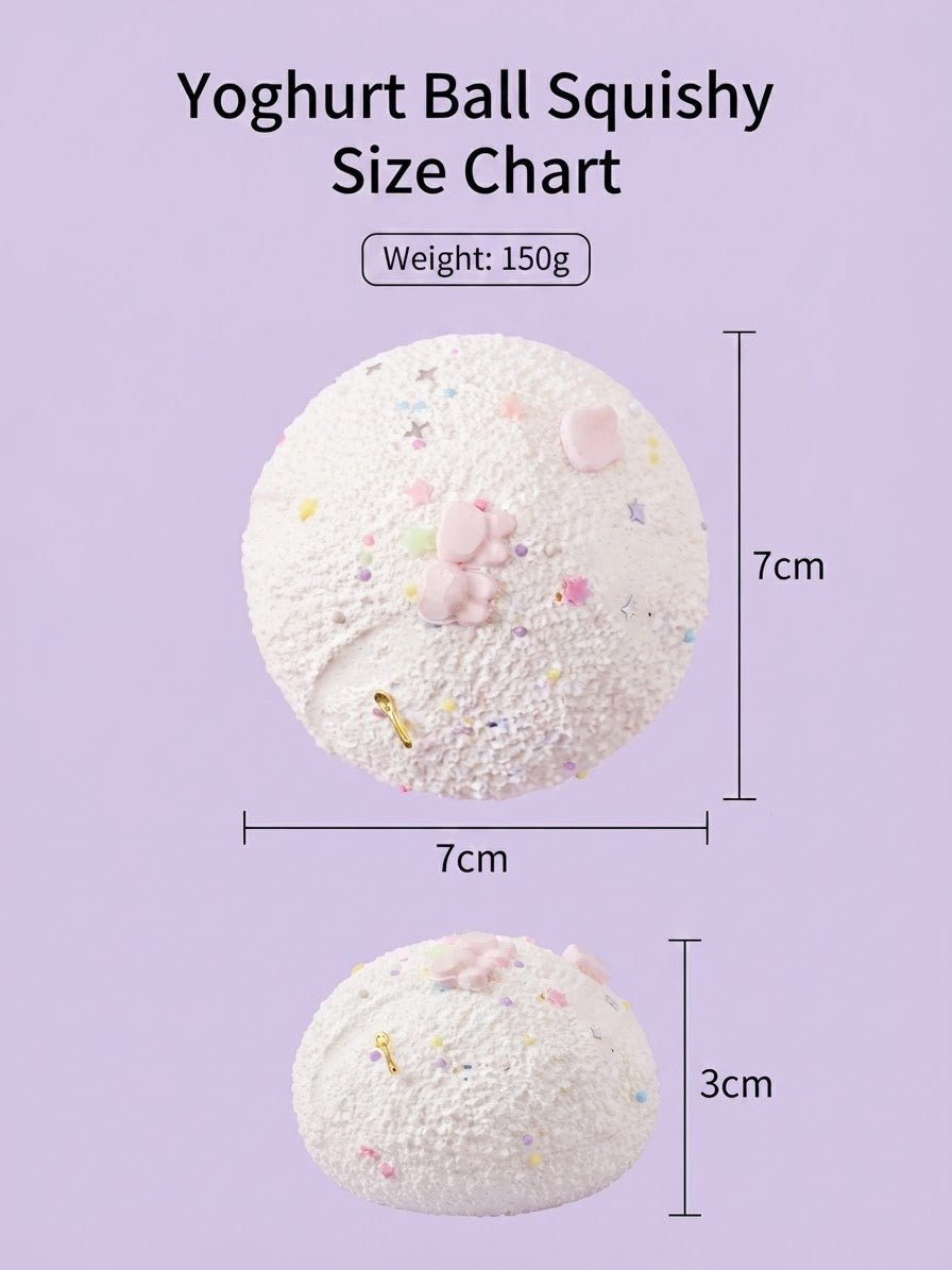 Yoghurt ball squishy size chart on a light purple background, showing a white textured squishy with pastel pink details and multicolor sprinkles, with dimension labels of 7cm and 3cm and a weight label of 150g.