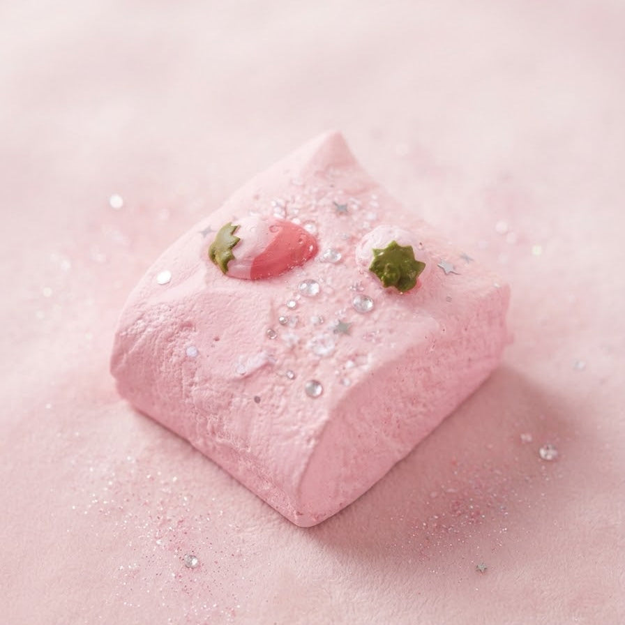 A pink square marshmallow decorated with a strawberry, a green leaf, and silver glitter, set against a soft pink background.