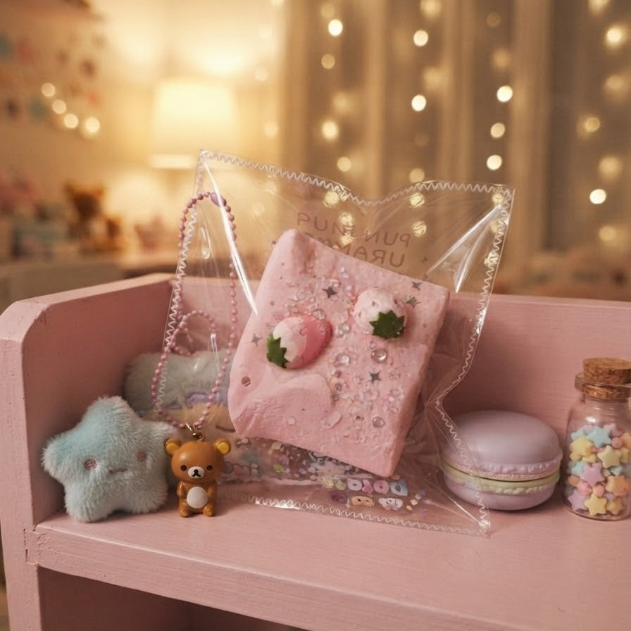 A pink plush pillow with strawberry and star details, packaged in a clear plastic bag and displayed on a pink shelf in a cozy, softly lit room.