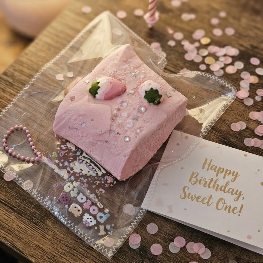 A pink square-shaped cake-shaped bath bomb or decorative block wrapped in clear cellophane packaging, placed on a wooden table with scattered pink confetti, a candle, and a 'Happy Birthday, Sweet One!' card.