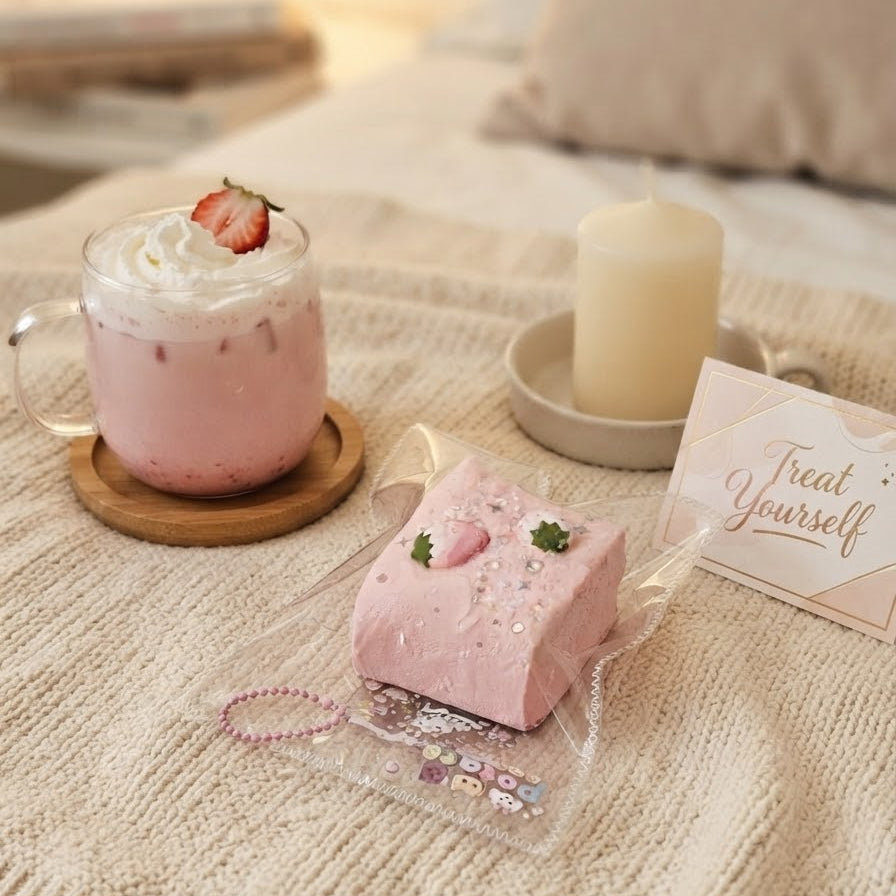 A pink strawberry dessert slice with whipped cream and a strawberry garnish sits on a blanket beside a pink drink, a candle, and a card that reads 'Treat Yourself'.