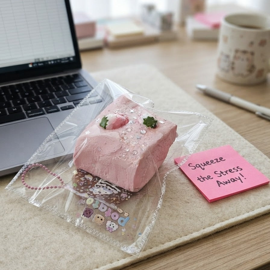 A pink squishy toy shaped like a strawberry cake, packaged in a clear plastic sleeve, resting on a beige desk mat on a wooden desk next to a laptop, sticky note, and mug.