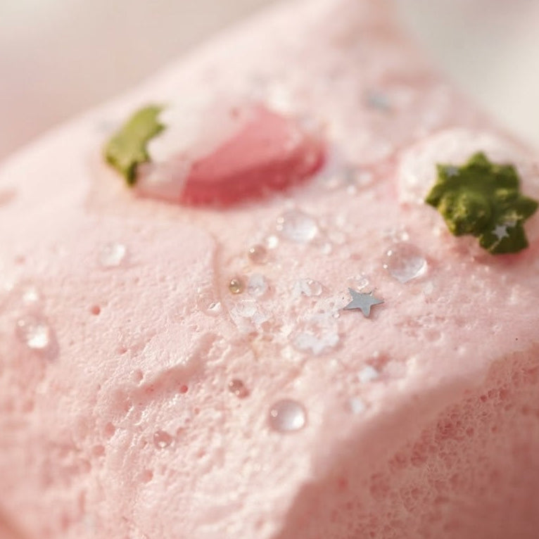 A close-up of a pink marshmallow-like dessert or sponge cake with small green leaf garnishes and clear sugar droplets on top, photographed against a soft blurred pink background.