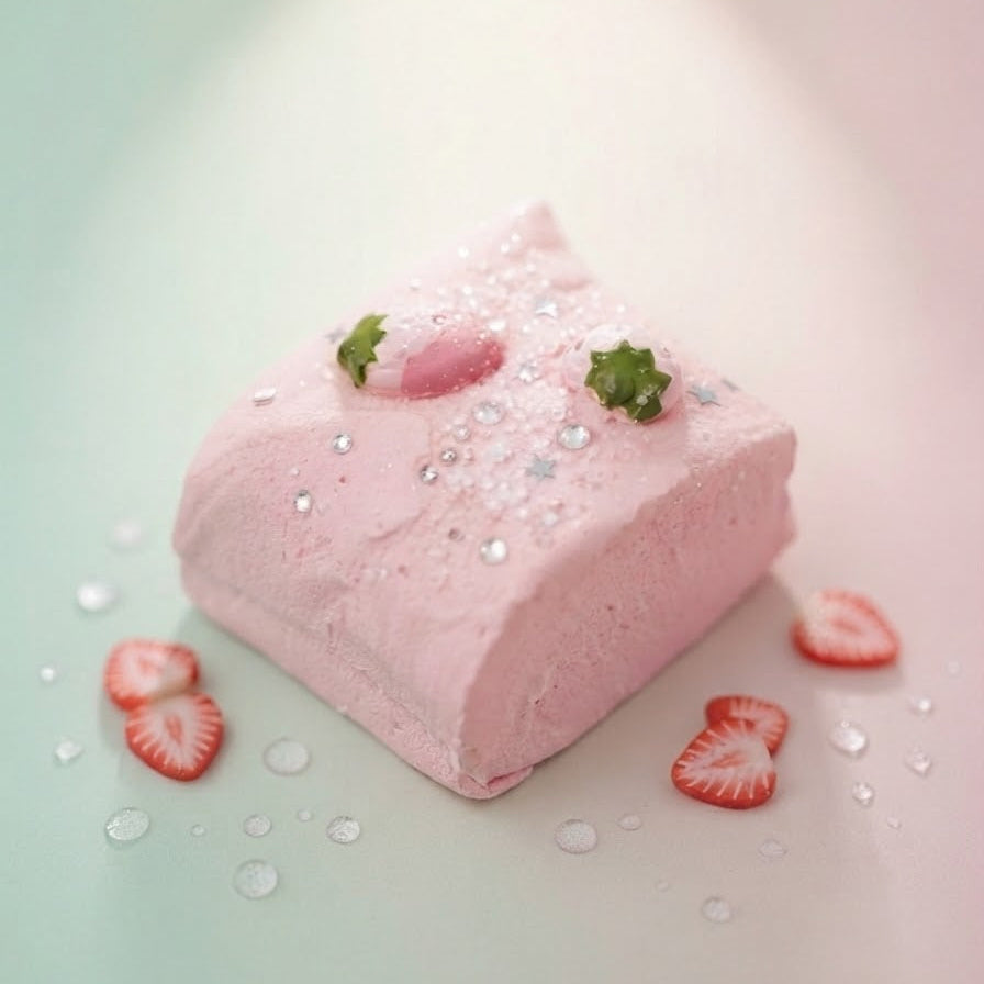 A pink rectangular foam block or bath bomb with small green leaf accents and silver glitter, styled on a pastel mint and pink background with scattered strawberry slices and water droplets.