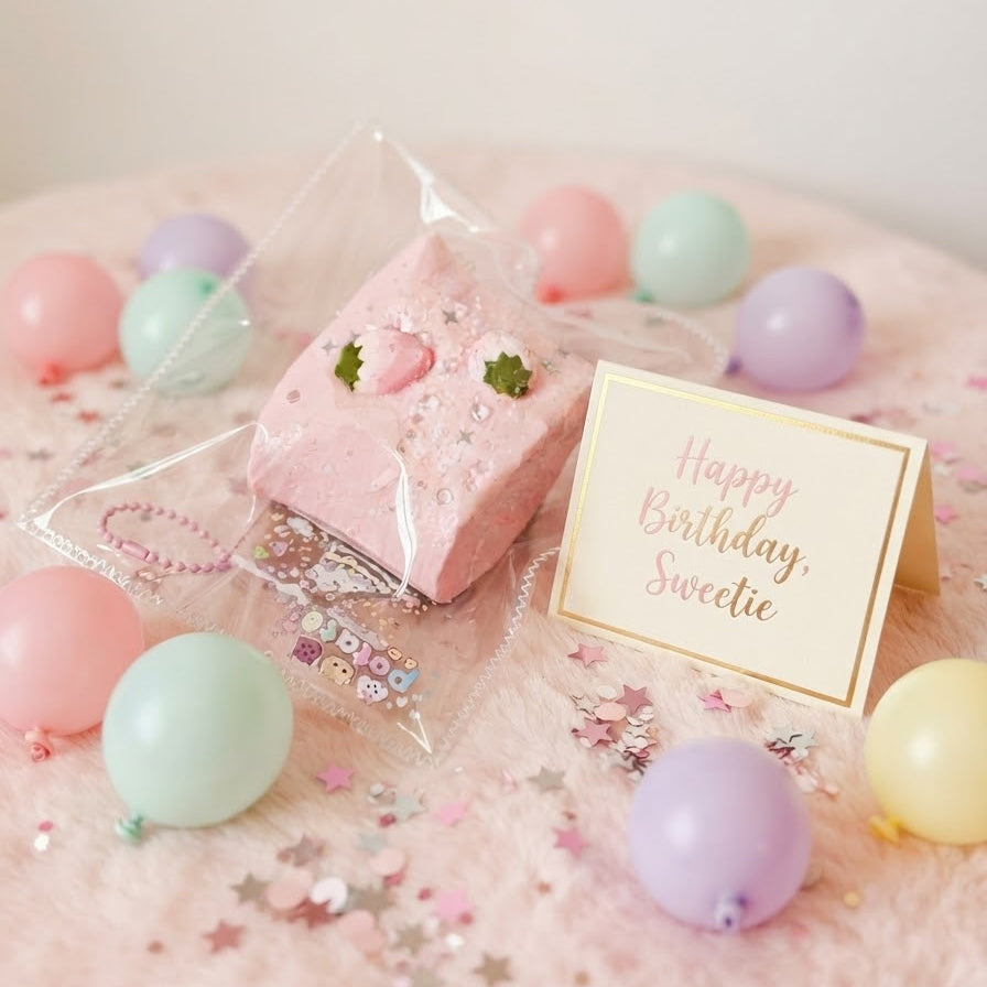 A pink square gift box wrapped in clear cellophane sits on a soft pink surface with pastel balloons and confetti. A small card reads 'Happy Birthday, Sweetie'.