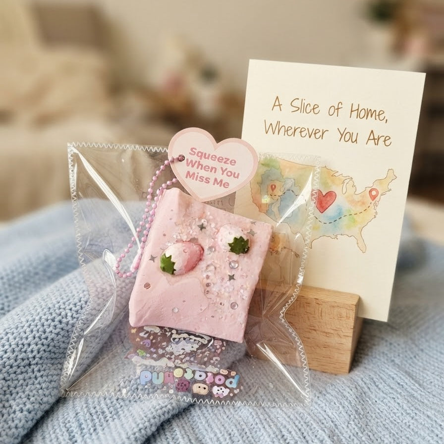 A pink square decorative item wrapped in clear cellophane packaging, placed on a blue knit blanket beside a printed card that reads 'A Slice of Home, Wherever You Are.' No person or animal is present, but the scene is styled in a real indoor setting rather than a plain studio backdrop, so this fits Lifestyle rather than Product/Packaging.