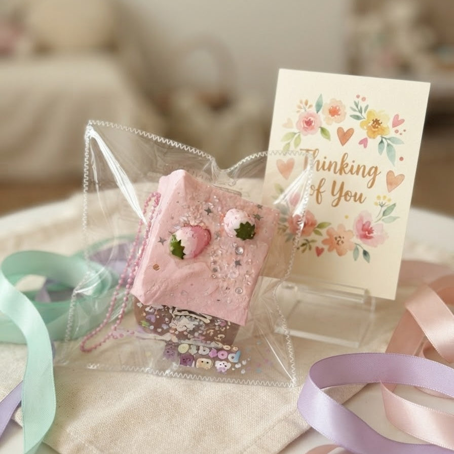 A small pink glittery gift box with strawberry decorations is wrapped in clear cellophane and placed on a beige cloth, next to a floral card that reads 'Thinking of You.' Soft pastel ribbons in mint, pink, and lavender are scattered around on a light tabletop.