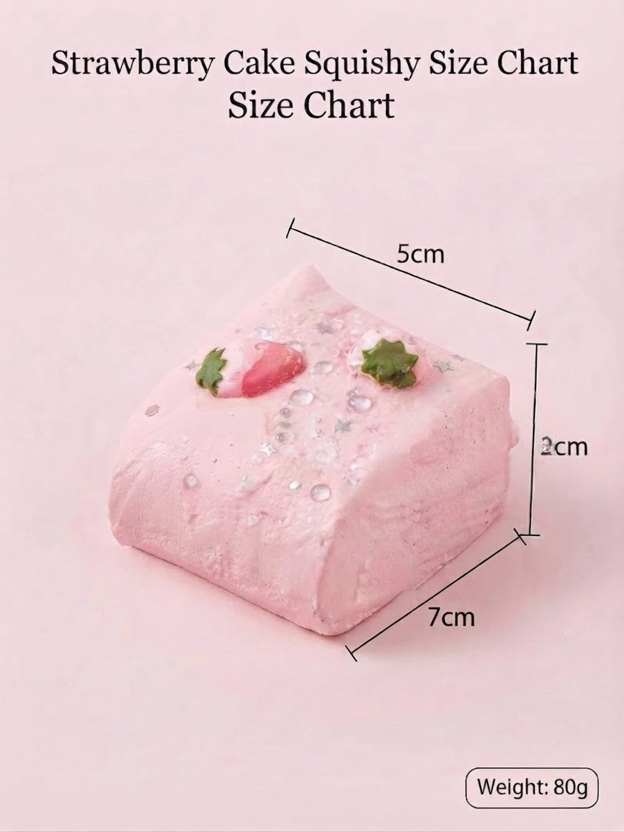 A pink strawberry cake-shaped squishy with dimension lines showing 7cm length, 5cm width, and 2cm height, on a light pink background with text reading 'Strawberry Cake Squishy Size Chart' and 'Weight: 80g'.