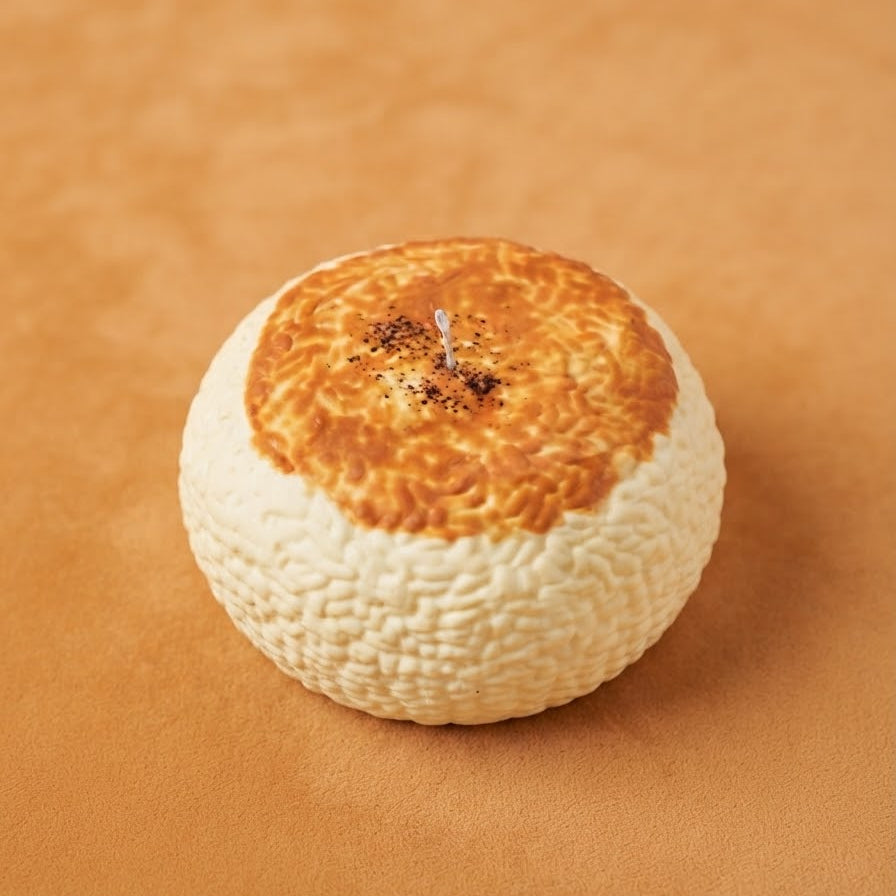 A round novelty candle styled to look like a baked bread or pastry, with a textured off-white crust and a golden-brown baked top, set against a warm brown background.