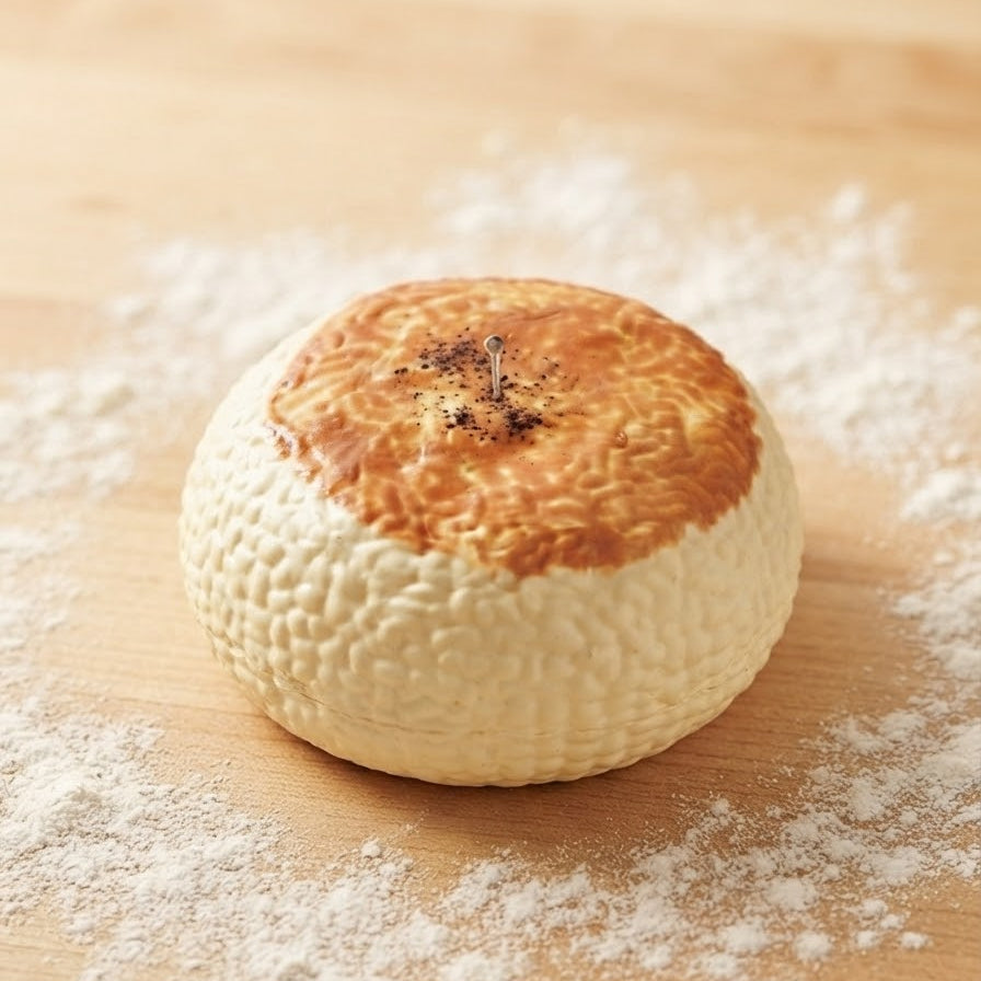 A round baked bread roll with a textured, dimpled crust and a golden-brown baked top, resting on a light wooden surface dusted with white flour.