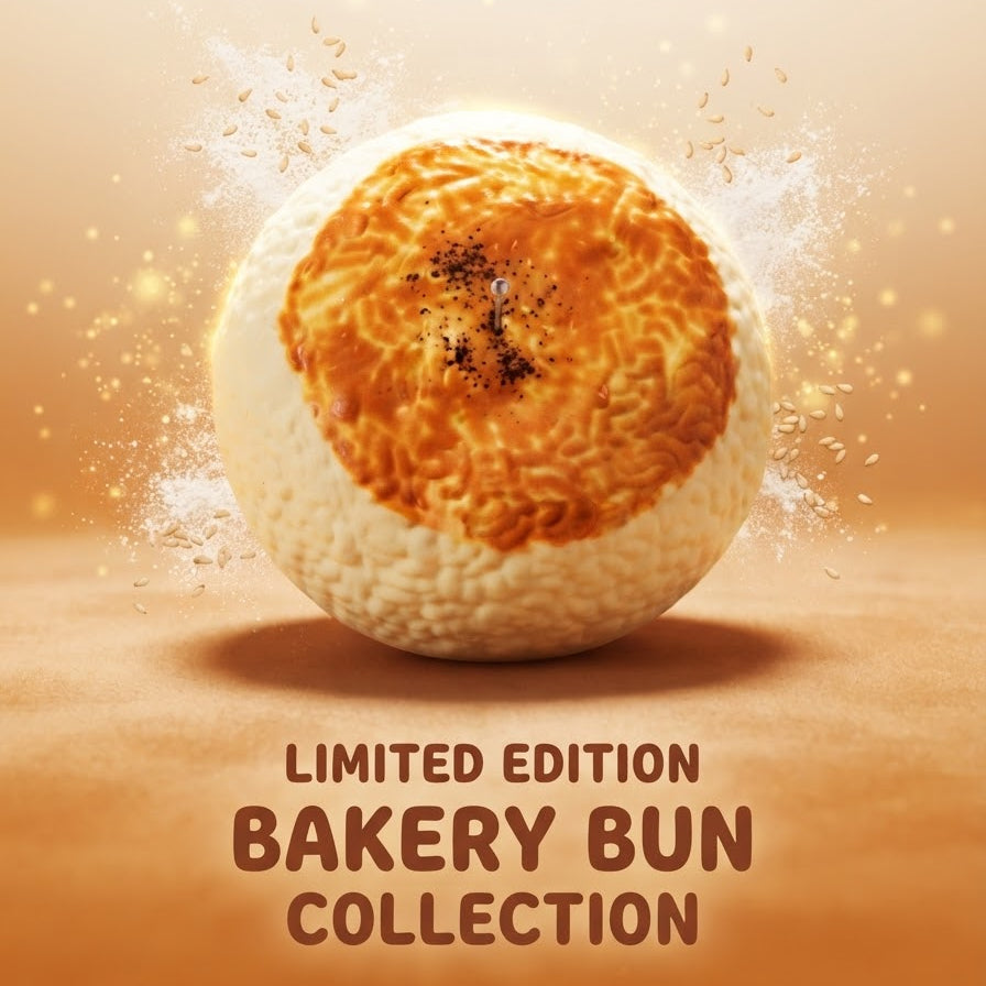 A single round bakery bun with a golden-brown top and textured white sides, centered on a warm beige background with decorative sparkles. Text at the bottom reads 'LIMITED EDITION BAKERY BUN COLLECTION'.