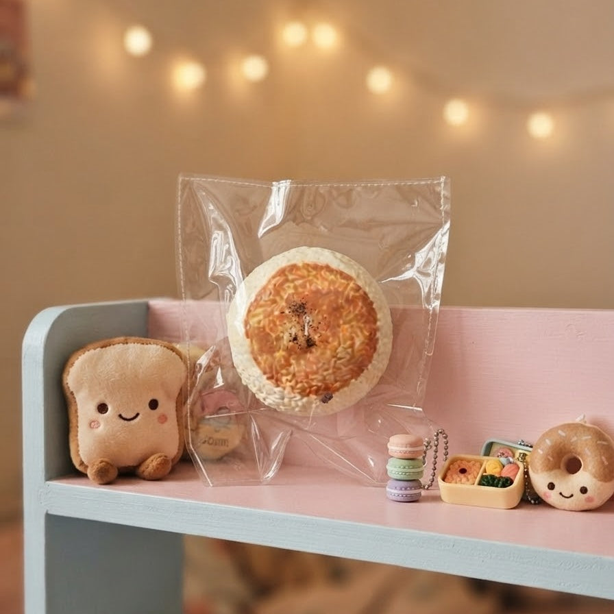 A round sesame-seed donut squishy toy in a clear plastic bag, displayed on a pink shelf next to a plush toast character and other cute food-themed accessories.