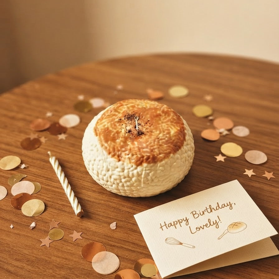 A round, textured cream-colored cake or pastry with a golden-brown top sits on a wooden table, styled with a striped candle, rose gold confetti, and a greeting card that reads 'Happy Birthday, lovely!'.