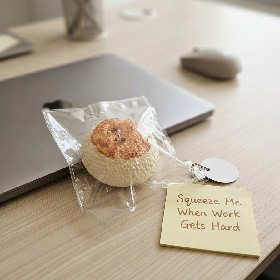 A novelty squishy toy shaped like a small pastry or dumpling, sealed in clear plastic packaging and placed on a light wood desk next to a sticky note that reads 'Squeeze Me When Work Gets Hard.' A laptop, mouse, and pencil cup are visible in the softly blurred background.