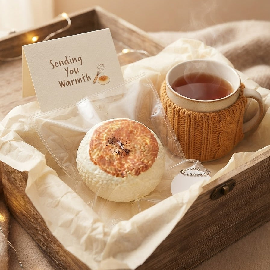 A cozy gift set in a wooden tray lined with cream tissue paper, featuring a small card that reads 'Sending You Warmth', a white pastry with golden-brown spots, and a white mug wrapped in an orange knit sleeve filled with tea. The scene is softly lit with warm ambient light.