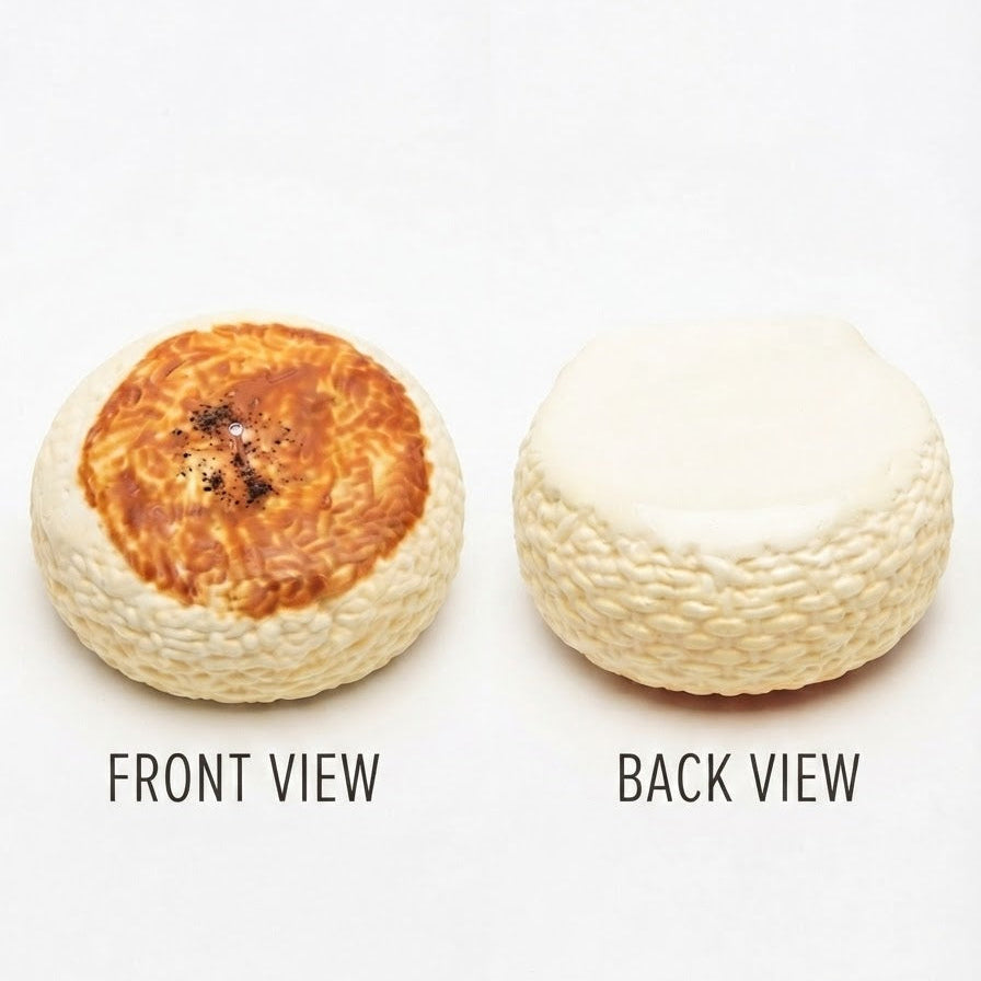 A round, textured item shown from two angles on a white background, labeled 'FRONT VIEW' and 'BACK VIEW'. The front view shows a golden-brown toasted top with dark specks, while the back view shows a smooth off-white surface.