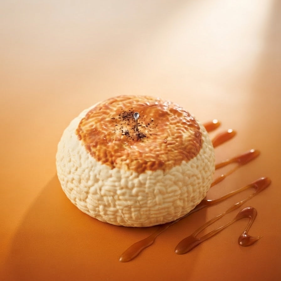A round baked pastry or tart with a textured off-white exterior and a golden-brown baked top, presented on an orange surface with caramel drizzle.