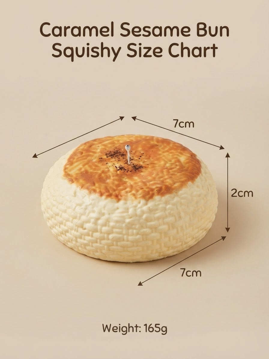 A product size chart graphic for a caramel sesame bun, showing a round baked bun with dimension arrows labeled 7cm across the top and bottom and 2cm height, plus text stating 'Caramel Sesame Bun Squishy Size Chart' and 'Weight: 165g'.