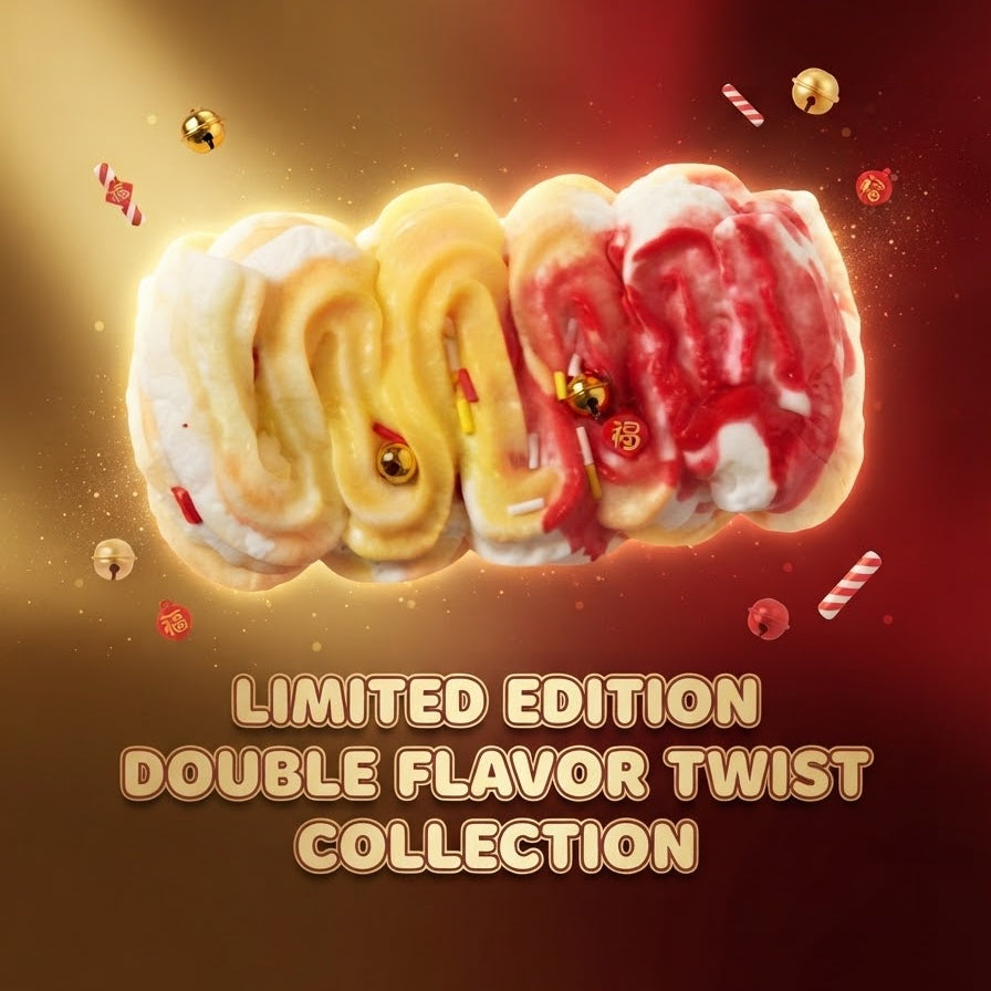 Three twisted donuts or pastries displayed together on a dark red and brown gradient background with glowing light rays. The left two are yellow with white frosting swirls and small gold sprinkles, and the right one is red with white frosting swirls and red drizzle.